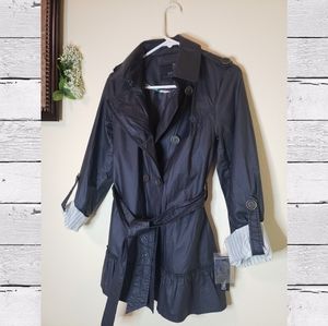 Buffalo David Bitton Outerwear 3/4 Sleeve Ruffle Hem Navy Belted Trench Coat NWT